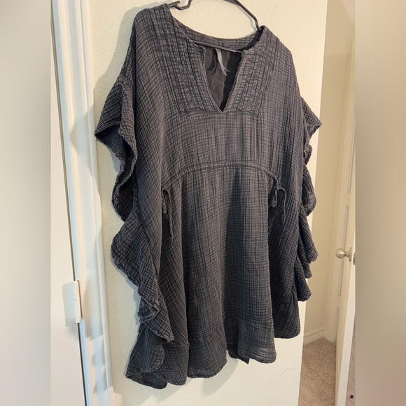 Anthropologie Black Distressed Ruffle Cinch Tunic Mini Dress Womens Size Small M - Picture 2 of 10